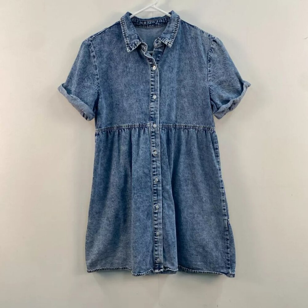 Womens Small Shirt Dress Blue Denim Jean Tiered Short Sleeve Buttons Mini Collar